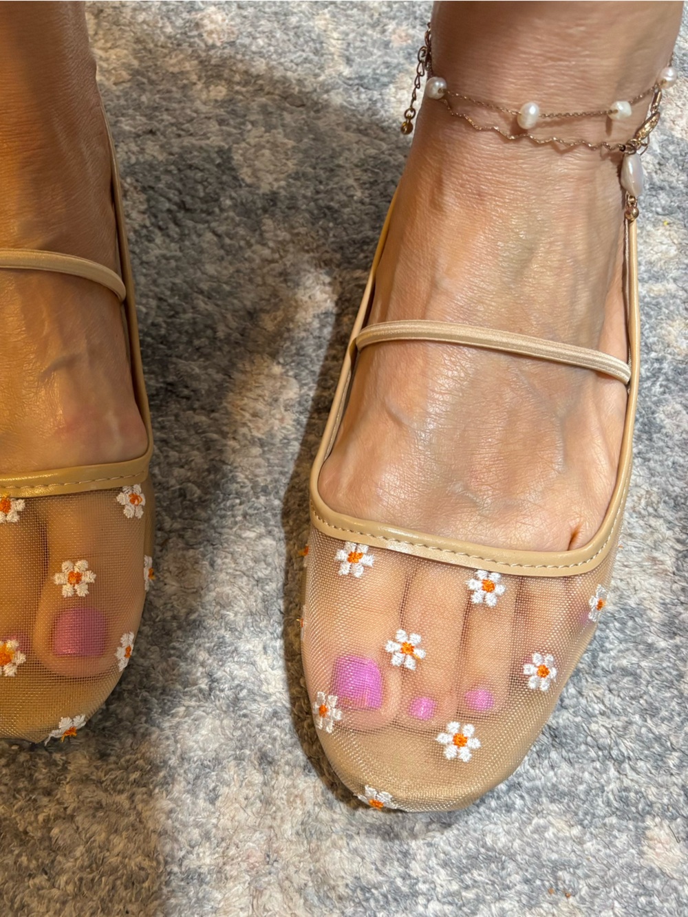 SO Beige Mesh Mary Jane Flats with White & Orange Daisy Embroidery
